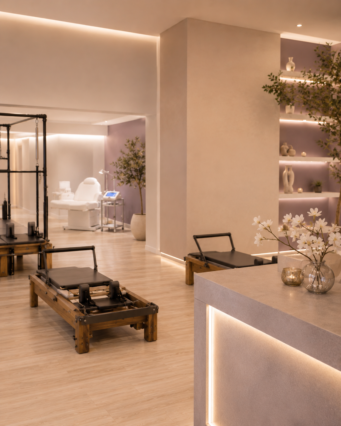 Ambiente da Revita Clinic com sala de pilates e estética